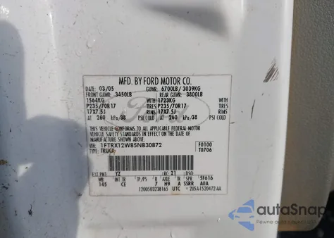 2005 Ford F-150 Stx/Xl/Xlt z USA, uszkodzony, nr VIN 1FTRX12W85NB30872